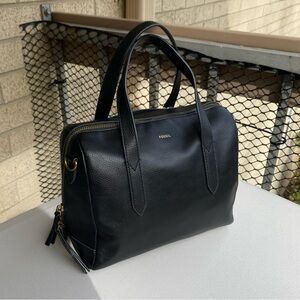 Fossil Sydney Satchel Black Pebbled Leather Hand Bag Cross Body Bag Purse NEW